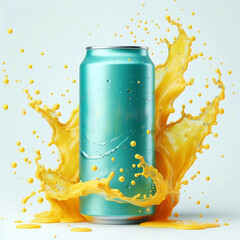 Mockup soft drink with tosca can and yellow splash isolated on white background, ready for object and retouch design. Generative AI