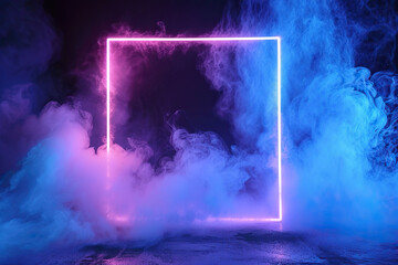 Glowing neon square frame with smoke in dark room.