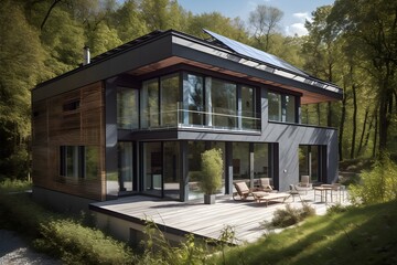 Fototapeta na wymiar contemporary single family home with solar panels on the roof