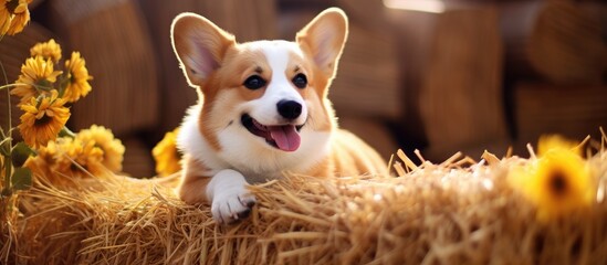 A corgi dog is amusingly resting on a bale of hay surrounded by sunflowers and daisies in a farm setting.