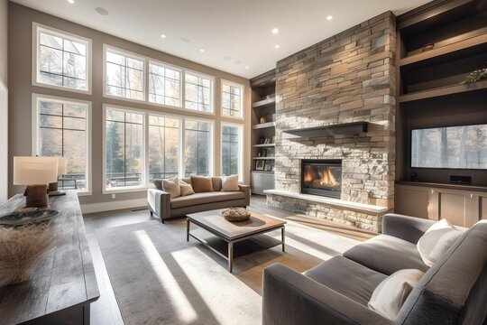 Beautiful living room in new traditional luxury home. Features stone accents, vaulted ceilings, and fireplace with roaring fire