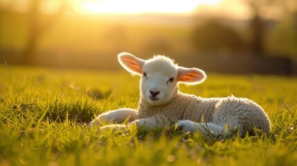 Fototapeta premium Close up of a newborn lamb in Springtime, laying down in lush green field and facing forward. Clean green background