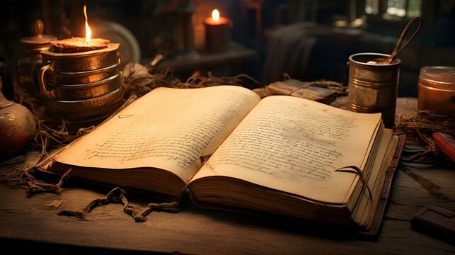 Open old magical notebook or book with notation. Old work table with candles in the background