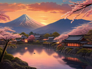 An old Japanese city, mountains and sakura blossom, colorful sunset landscape, generative ai - obrazy, fototapety, plakaty