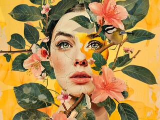 A collage image of woman's face merged with hibiscus flowers and a small bird, evoking a nature-inspired theme