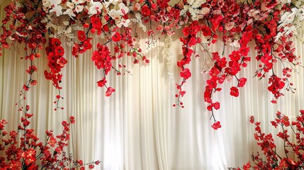 Flower wall background with stunning red and white roses, wedding decoration, made by hand, generative ai
