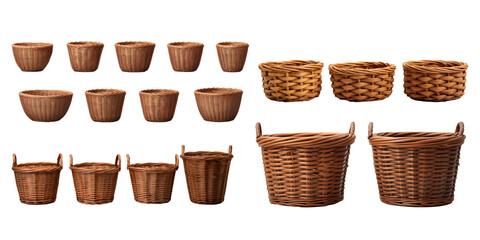 Collection of brown basket isolated on a white background as transparent PNG