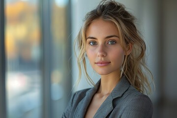 Obraz premium Woman in suit standing near office centre.