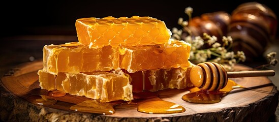 A mound of golden honey is heaped on top of a sturdy piece of wood. The sticky substance glistens in the light, showcasing its deliciously sweet appeal.