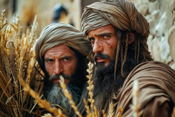 Obraz premium Rahab hide two israel spies on houses roof. Bible story.