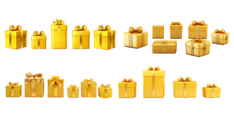 Collection of yellow gift box isolated on a white background as transparent PNG