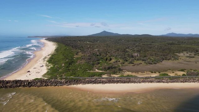 Aerial views of Urunga boardwalk along the beach to Picket Hill and beyond to Nambucca Heads.
