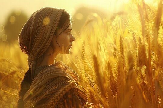 Ruth is picking ears of corn in the field, Bible story.