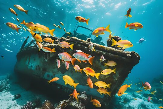 A school of colorful fish swims around a sunken shipwreck, teeming with life, under the crystal-clear blue sea.