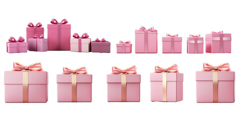 Collection of pink gift box isolated on a white background as transparent PNG