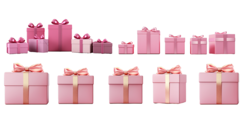 Collection of pink gift box isolated on a white background as transparent PNG