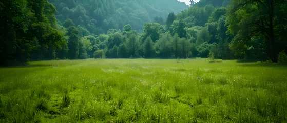 Afwasbaar fotobehang landscape with green grass and mountains © Afpongsakon