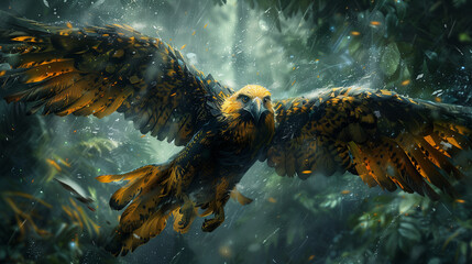 Golden eagle in flight in rain in the forest