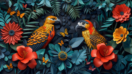 Obraz na płótnie Canvas Colorful exotic paper birds in paper flowers