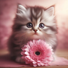 Cartoon fluffy baby kitten with big eyes and a pink flower