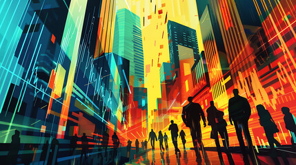 Vibrant Cityscape with Silhouetted Figures Amidst Colorful Skyscrapers - obrazy, fototapety, plakaty