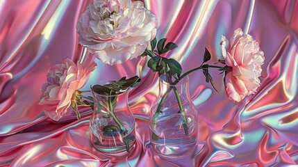 Three delicate roses in clear vases against a background of reflective satin silk fabric, symbolizing elegance and beauty