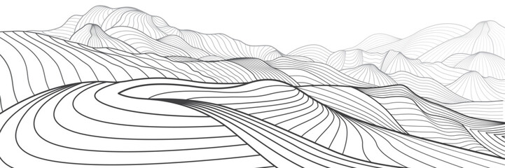 Abstract Mountains. Black outline illustration on white background. Line art. Hills landscape. Vector design 