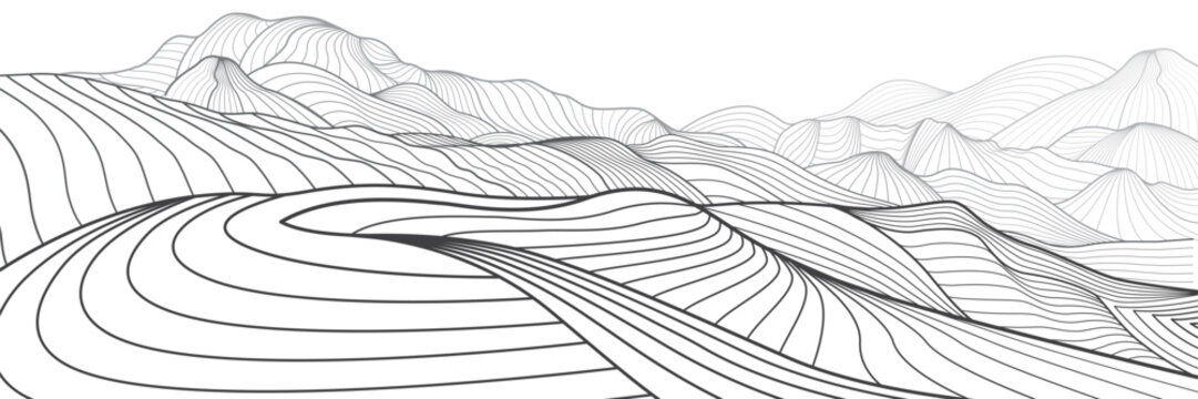 Abstract Mountains. Black outline illustration on white background. Line art. Hills landscape. Vector design 