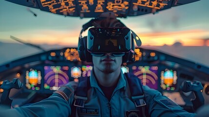 pilot wearing a VR headset cockpit, illustration, Generative, AI - obrazy, fototapety, plakaty