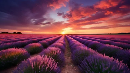 Muurstickers Lavender field in bloom with colorful sky at dusk © Ameer