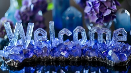 Tanzanite Crystal Welcome concept creative horizontal art poster. Photorealistic textured word Welcome on artistic background. Ai Generated Hospitality and Greetings Horizontal Illustration.