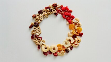 Wholesome mix of dried fruits and nuts arranged in a circular pattern on a white surface, offering a delicious and nutritious snack option.
