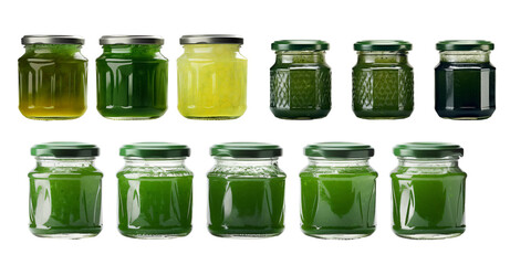 Collection of jam bottle with green color jam inside isolated on a white background as transparent PNG
