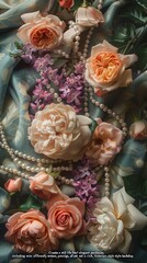 Create a still life feel elegant piece, highlighting a Victorian-era style backdrop, including mix of flowers, pearls, and a rich, vintage textile