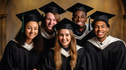 Obraz premium Happy graduating international students wearing bachelor gowns and mortar boards, education concept, candid moment of graduation day ceremony