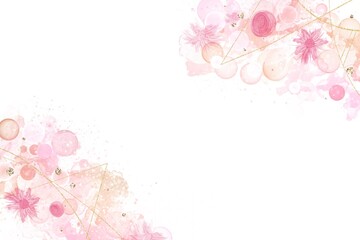 春夏用アルコールインクアートテンプレート。白背景にピンクの花とシャボン玉と金色幾何学模様