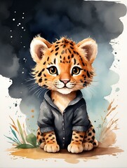 A charming portrayal of a young leopard dressed in a stylish human outfit, blending wild nature with human characteristics