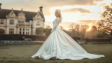 Bride wearing long satin wedding gown, woman in white bridal dress at the manor, wedding fashion campaign and glamour look