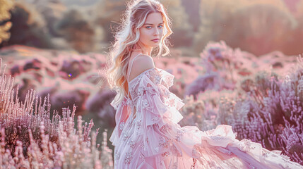 Woman in ruffle design gown in lavender field at sunset, bridal beauty style campaign, wedding fashion look and glamour hairstyle