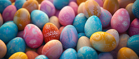 Colorful easter eggs pile with happy word - obrazy, fototapety, plakaty