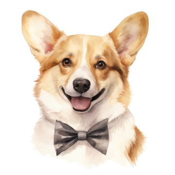 Pembroke welsh corgi dog in bow tie watercolor illustration. Cute pet, animal painting