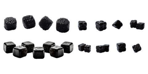 Collection of black sugar candy isolated on a white background as transparent PNG