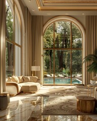 A beautifully designed living area basking in sunlight with views of a forest backdrop and a serene pool
