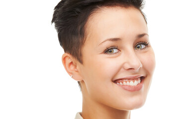 Obraz premium Portrait, short hair and girl with smile or skincare in white background for shine, wellness and natural glow. Happy, model and woman in studio with healthy cosmetics or smooth results for beauty