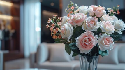 pink and white rose plastic flowers in vase in furniture mall, generative ai,