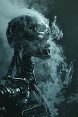 Close-up of a robotic figure in a dark 3D environment, with ghostly smoke and mist swirling around