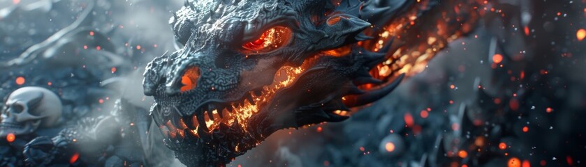 3D dragon, reaper, and skull with fire, close-up in a dark, enigmatic setting