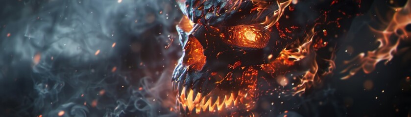 3D dragon, reaper, and skull with fire, close-up in a dark, enigmatic setting - obrazy, fototapety, plakaty