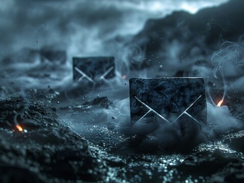 3D email in a hellish landscape, with ghosts and smoke, close-up, depicted in a dark, ominous way