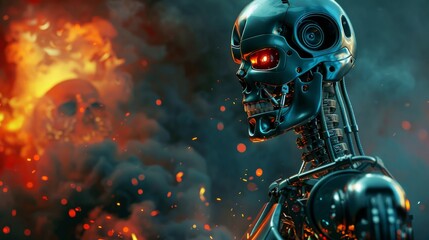 3D robotic figure in close-up, set against a dark backdrop with a skull, smoke, and flames